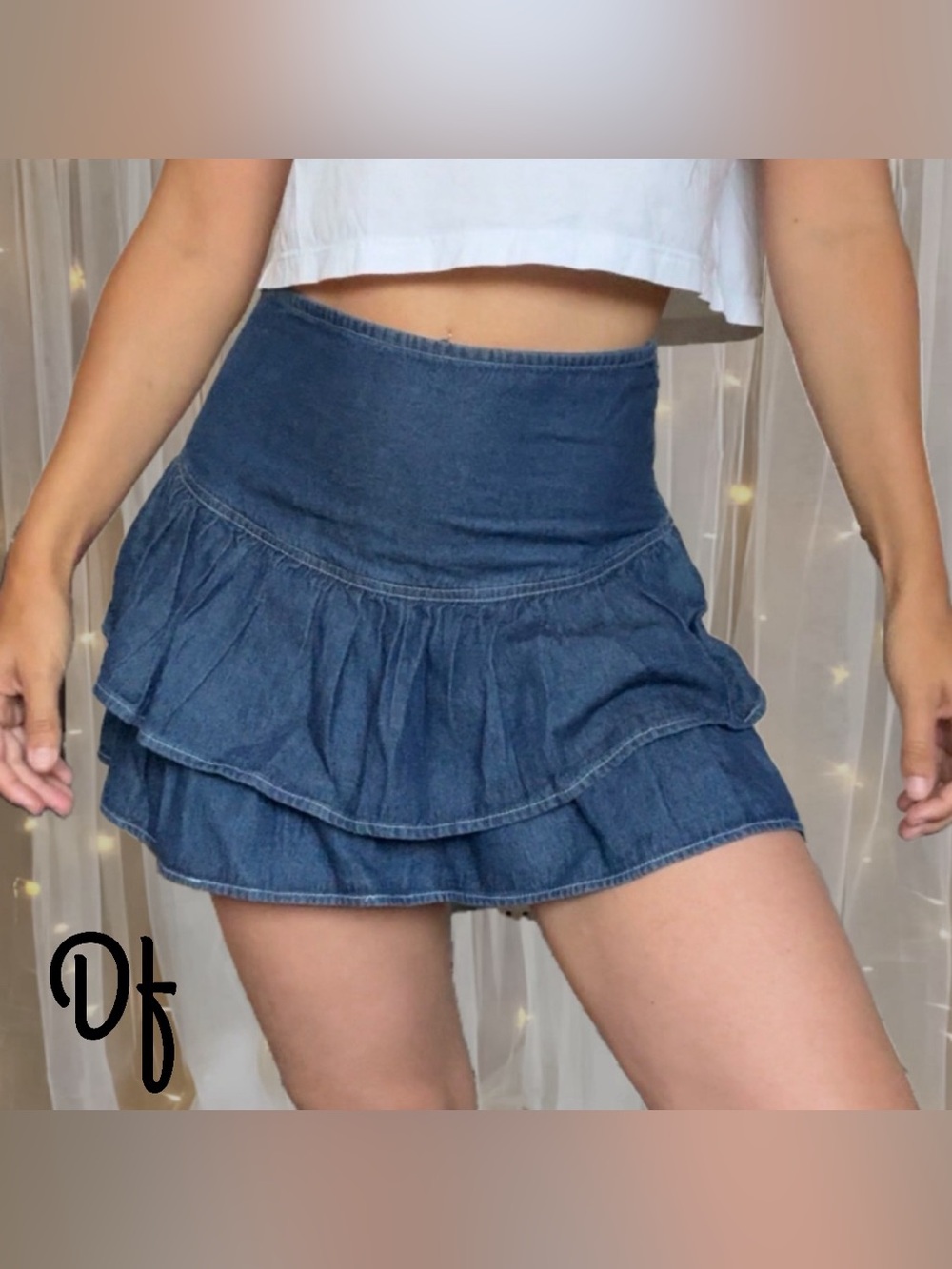 Denim Tiered Ruffle Mini Skirt - Blue Size S